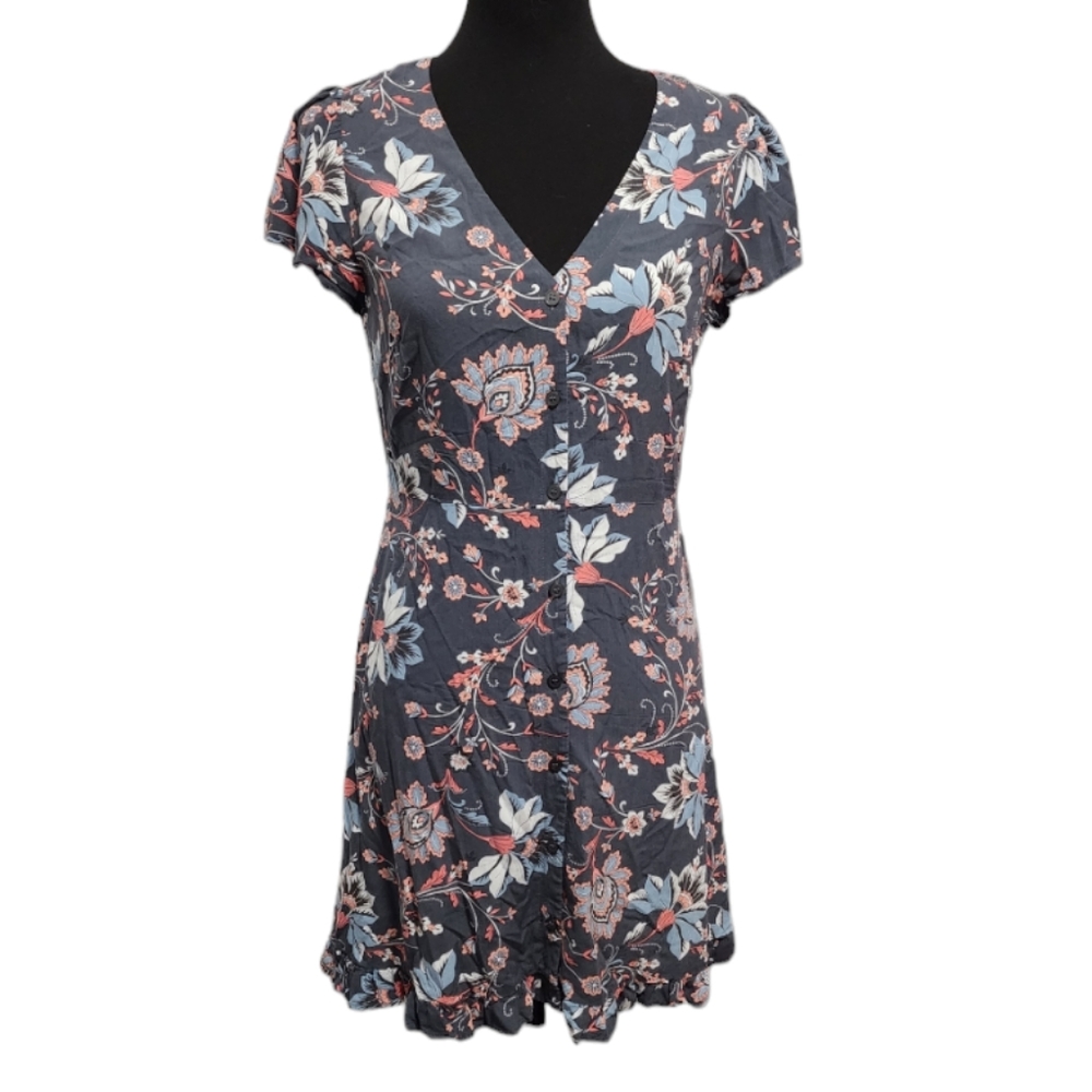 LOFT Navy Floral V-Neck Mini Dress